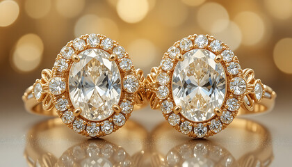 Two Gold Rings with Oval Diamonds and Smaller Diamond Accents.