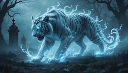 A ghostly white tiger prowls through a misty graveyard with glowing blue eyes and spectral energy trails