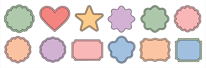 Fototapeta premium Collection of twelve pastel colored decorative shapes and frames on white background label border