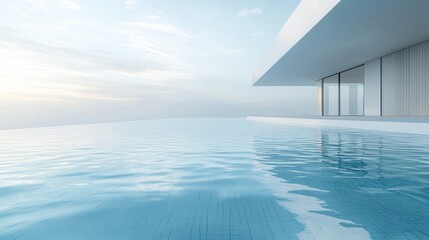 Fototapeta premium Modern infinity pool overlooking ocean, tranquil scene, white house