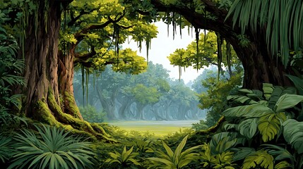 Lush jungle canopy framing a misty sunlit clearing with ancient trees