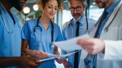 A diverse team of healthcare professionals including a surgeon a nurse and a physician huddle around a medical chart in a consultation room. Their focused expressions and collaborative - Powered by Adobe