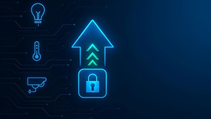 Smart home energy storage. Glowing blue arrow with lock icon and security symbols representing protection and technology innovation for smart home security - Powered by Adobe