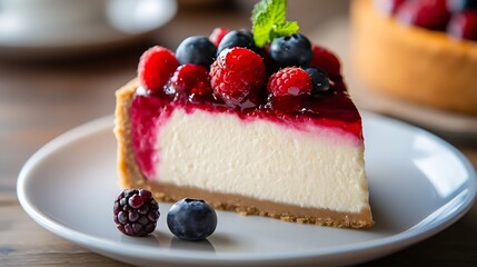 A slice of New York-style cheesecake with berry topping