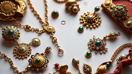 Ornate accessories cultural heritage, exquisite designs, luxurious embellishments, timeless elegance, precious metals, intricate craftsmanship.