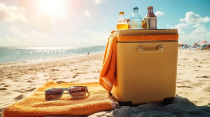 Beach cooler with refreshing drinks, sunglasses, and a towel evokes a summer vacation vibe, perfect for travel, relaxation, and enjoying the sun and sand.