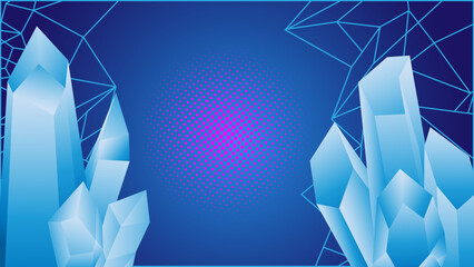 Abstract prismatic blue background with ice crystals diamond, gems, white rocks element and space text for wallpaper, banner, event, flyer, cover