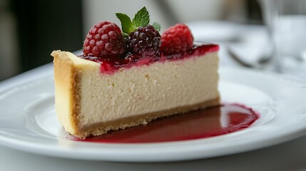 A slice of New York-style cheesecake with berry topping