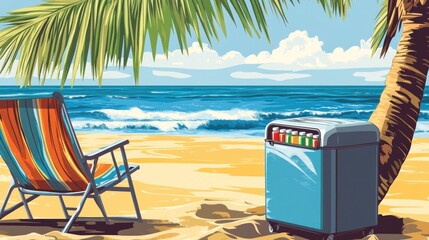 A vibrant beach scene showcases a colorful striped beach chair and a cooler filled with refreshing drinks, all under the shade of a palm tree, evoking a sense of summer relaxation.
