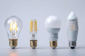 Four LED light bulbs of different shapes and styles on a light gray surface