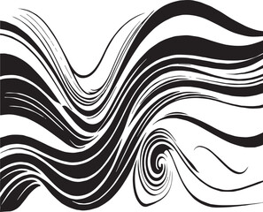 Abstract black and white flowing lines creating a dynamic wave pattern with a swirling vortex design