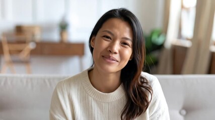 Cheerful young woman having a video call from home showing positive and engaging expressions