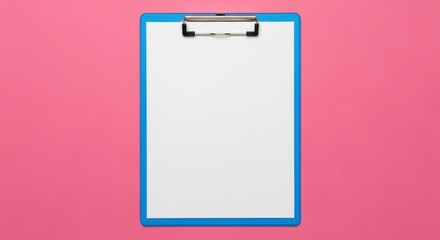 Photo of a blue clipboard with a blank white sheet of paper is presented on a vibrant pink background