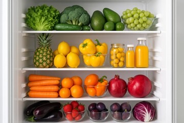 A color-block organized fridge interior with fresh fruits and vegetables, includes greens and citrus,. A bright summer aesthetic, fridgescaping, edible installation, kitchen dopamine moment