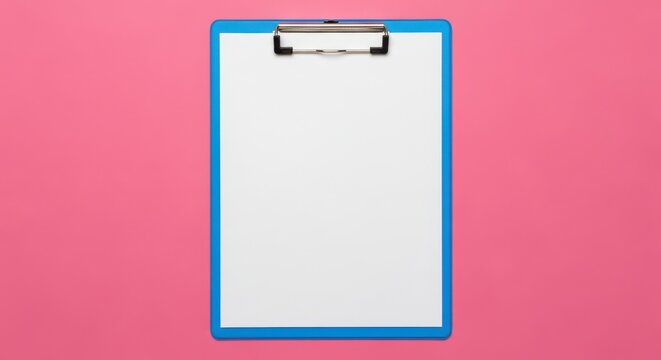Photo of a blue clipboard with a blank white sheet of paper is presented on a vibrant pink background