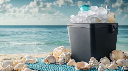 Beach cooler filled with ice, a drink, and a bottle, surrounded by seashells evokes a summer vacation vibe, perfect for travel, relaxation, and coastal themes.