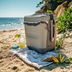 Enjoy a refreshing beach day with a cooler, a cocktail, and a towel, perfect for summer relaxation and vacation vibes, set against a scenic ocean backdrop.