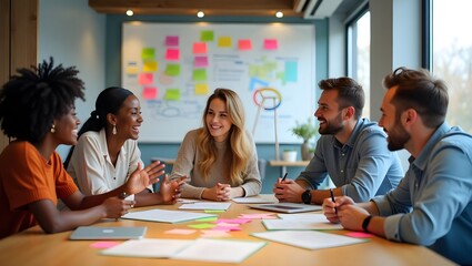 group of business people working together, group of business people working in a meeting, A lively creative and diverse team of five individual discus the business and on the backside on white board