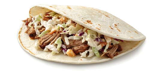 A soft taco with pulled pork and coleslaw 
