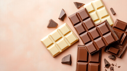 Fototapeta premium A selection of milk chocolate bars in varying brown shades, elegantly arranged with broken pieces revealing their smooth, creamy, and rich velvety texture.