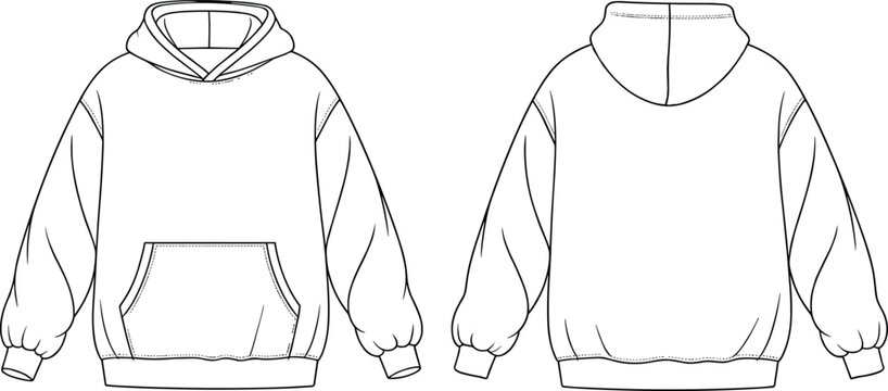 Loose fit hoodie technical sketch, fashion flat drawing, front and back template, oversized sweatshirt vector, blank pullover design mockup