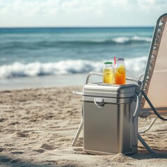 Beach relaxation featuring a cooler with refreshing drinks in glass bottles, complete with a red straw, set against a backdrop of ocean waves and a serene sandy beach.