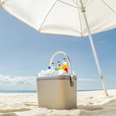 Beach cooler filled with ice and colorful drinks under a white umbrella, perfect for summer refreshment and relaxation by the sea, creating a vacation vibe.
