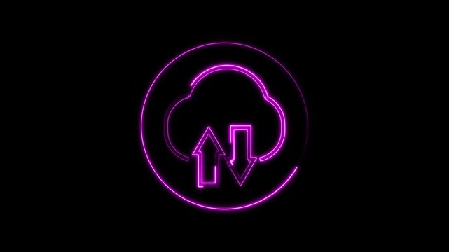 Upload icon symbol, cloud icon and neon line upload arrow icon animation on black background.