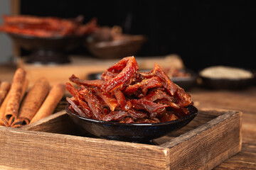 Beef strips, finely chopped beef jerky