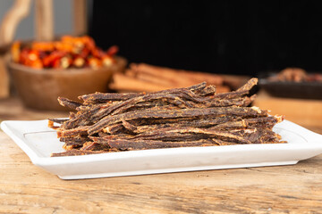 Beef strips, finely chopped beef jerky