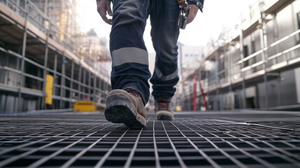 Construction Worker Walking on Metal Grid at Building Site