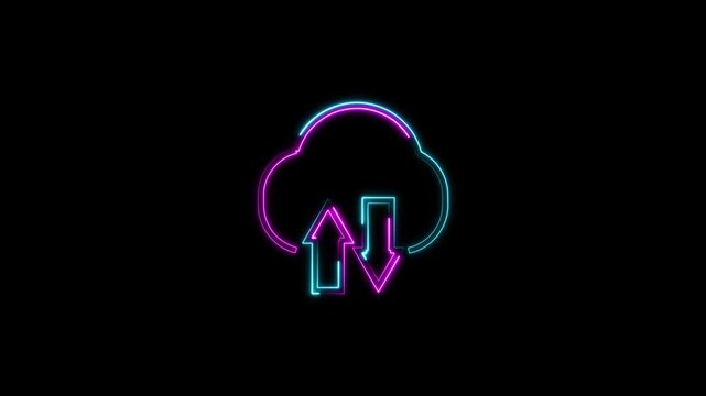 Upload icon symbol, cloud icon and neon line upload arrow icon animation on black background.