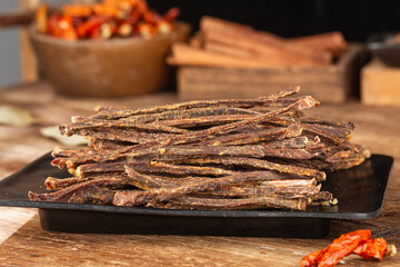 Beef strips, finely chopped beef jerky