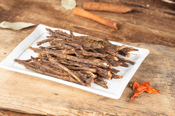 Beef strips, finely chopped beef jerky