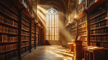 Sunbeams illuminate a grand library's aged bookshelves (1) - Powered by Adobe