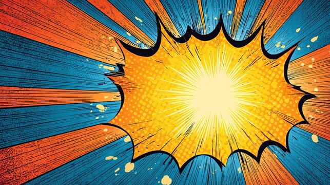 Comic-style radial burst with halftone effects, radiating orange & blue lines