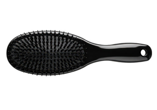 Shiny black oval hair brush with bristles isolated on transparent background