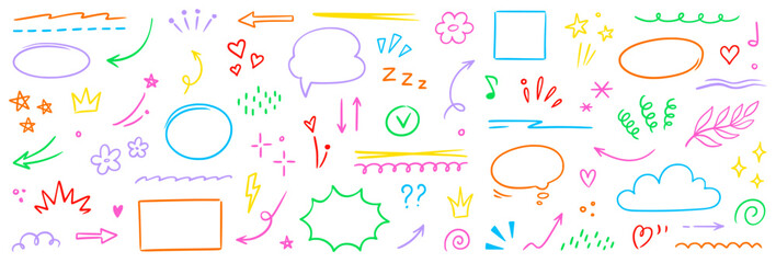 Fototapeta na wymiar Line arrow icon element set. Hand drawn sketch star, heart marker pen stroke circle, scribble highlight underline elements. Colorful brush emphasis pencil swoosh, flower set. Vector illustration
