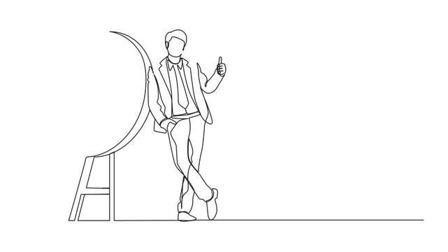 Animated self drawing of single one line drawing businessman or manager is standing or leaning the target with thumbs up gesture. Arrow hit the target exactly. Full length animation