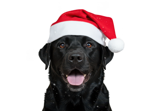 Happy black labrador dog wearing a santa hat with snowflakes isolated on transparent background