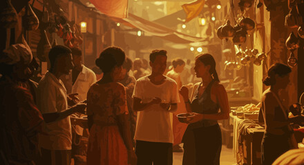 Bustling street scene in an exotic market, filled with people and warm lights