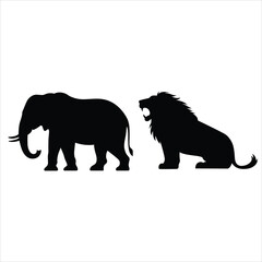 Elephant  & lion Silhouette Vector Design, elephant icon illustration, Wild African Elephant Silhouette, set black silhouette vector