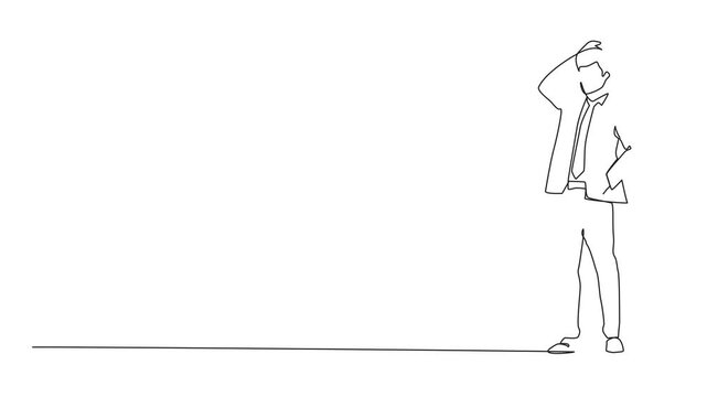 Self drawing animation of single continuous line drawing businessman confused with hand on head for mistake, remember error. Forgot, bad memory. Headache pain or stress. Full length animated