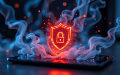 Cyberbullying prevention concept. Digital security concept with shield and smartphone in smoky effect.