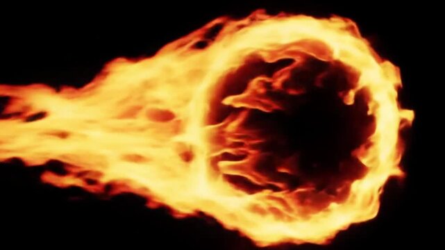 Realistic fireball spell animation with fiery trail, fast-moving fire projectile for fantasy magic casting. Bright, intense flames with heat distortion. Cinematic fire VFX element on pure black backgr