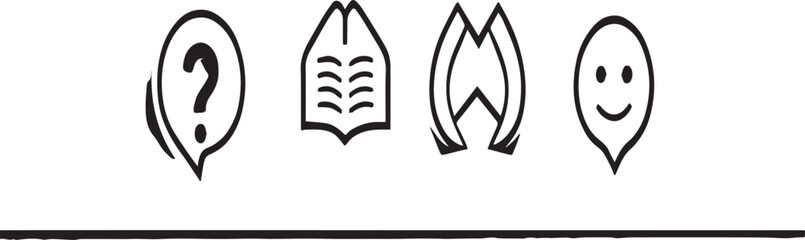 Obraz premium Four black and white icons question mark book abstract shape and smiley face on a white surface