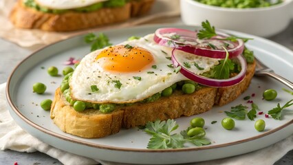 Delicious Fried Egg on Pea Toast Garnished with Red Onion and Parsley