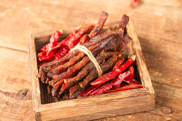 Beef strips, finely chopped beef jerky