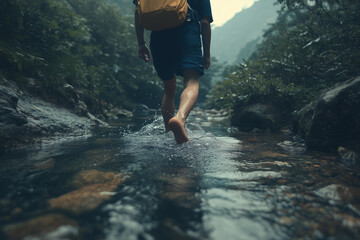 Hiker explores nature barefoot wading through a stream in the forest