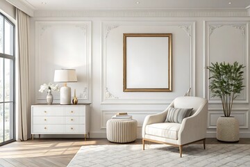 Fototapeta premium Elegant White Living Room Interior Design Mockup with Gold Frame